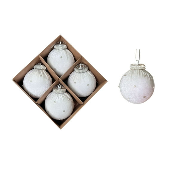 Velvet Ball Ornaments Christmas Balls White 4 PCS 3.15-Inch Large Xmas Tree Ball Ornaments with Pearl for Christmas Tree Decor Wedding Holiday Xmas Party Decorations