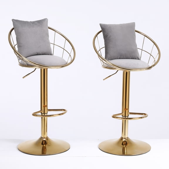 Velvet Bar Chair Set Of 2, Upholstered Dining Chair With Pillow, Metal Legs And Frame, Network Structure, 360 Degree Rotating Chair For Restaurant, Dinning Room