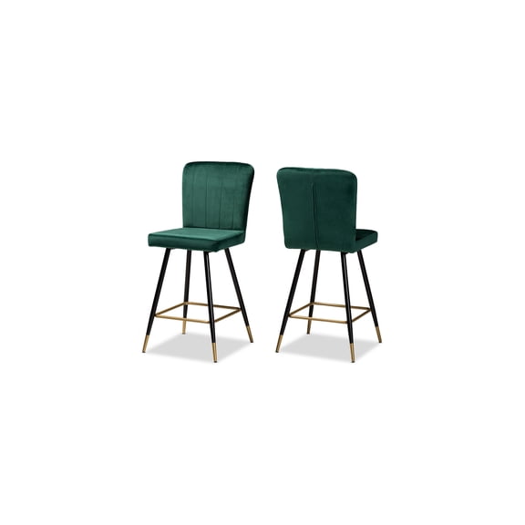 Velvet Bar Stool Set of 2, Modern Glam Green & Gold Finish