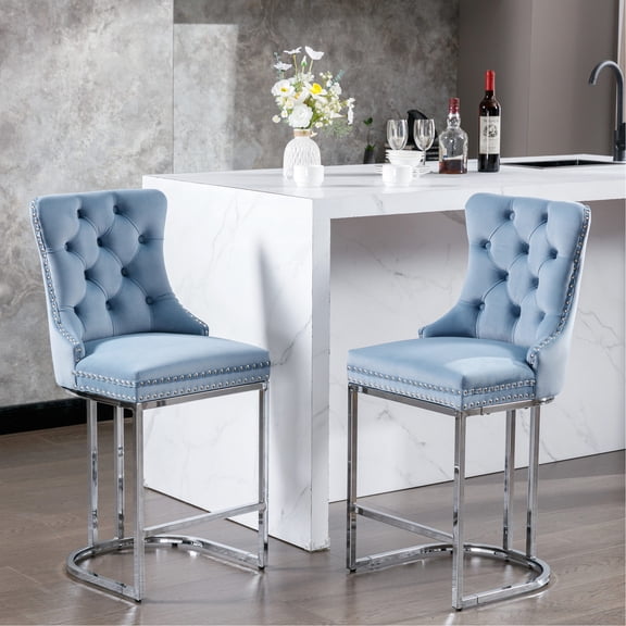 Velvet Bar Stools - Decorative Rivets & Button Back - Dining Area, Elegant Look