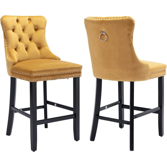 Velvet Bar Stools Set of 2 - 27" Seat Height Barstool, Bar Chairs Fit Counter or Bar Height, Gold Kitchen Stools for Island, Tufted Back, Wood Frame, Upholstered (Golden Yellow, Set of 2)