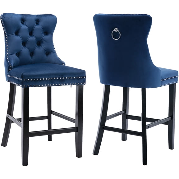 Velvet Bar Stools Set of 2 - 27" Seat Height Barstool, Bar Chairs Fit Counter or Bar Height, Kitchen Stools for Island, Tufted Back, Wood Frame, Upholstered (Blue, Set of 2)