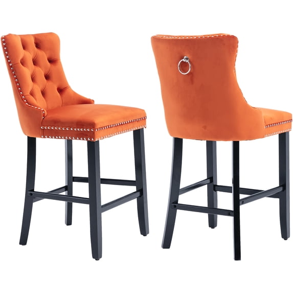 Velvet Bar Stools Set of 2 - 27" Seat Height Barstool, Bar Chairs Fit Counter or Bar Height, Kitchen Stools for Island, Tufted Back, Wood Frame, Upholstered (Orange, Set of 2)