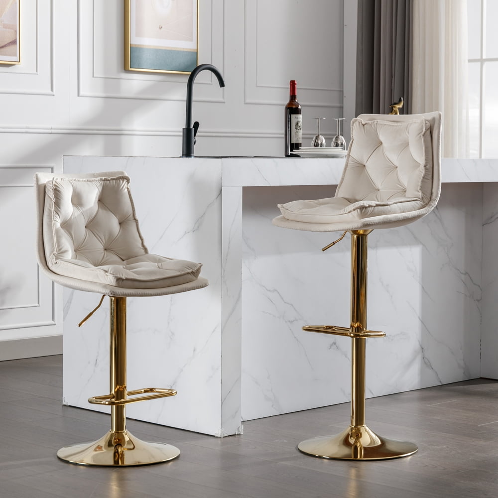 Bar Stools Set of 2 Base Swivel Velvet Counter Height Bar Stools Height Adjustable Upholstered Counter Stools Kitchen Stools with Chrome Footrest and Golden Leg Simple Bar Chair Cream Walmart