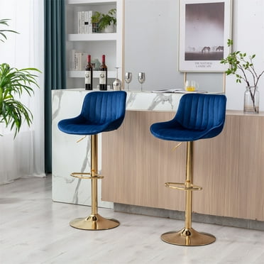 Velvet Bar Stools Set of 2, Counter Height Bar Chairs with Back and Footrest, Adjustable Dining Chairs with Gold Metal Base, Swivel Bar Stools for Kitchen, Dining Room, Home Bar, Navy