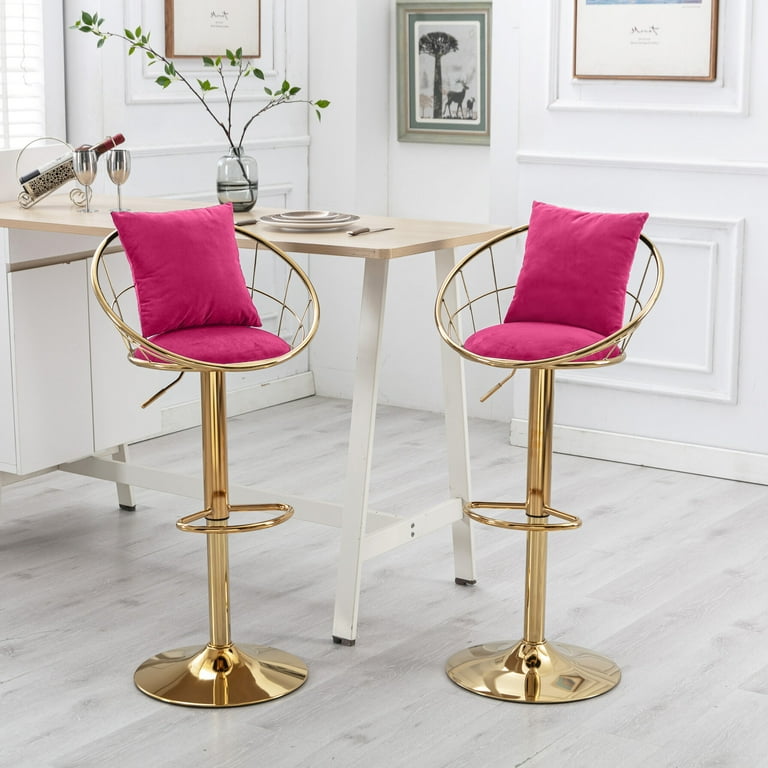 Velvet Bar Stools Set of 2 Modern Counter Height Adjustable Swivel Barstools with Network Back and Pillow Dining Bar Chairs with Gold Metal Base for