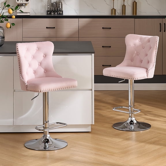 Velvet Bar Stools Set of 2 Modern Counter Height Bar Stools with Lion Pull Ring Tufted Back, Nailhead Upholstered Barstools for Home Kitchen Island, Swivel Adjustable Stool Chair in Pink
