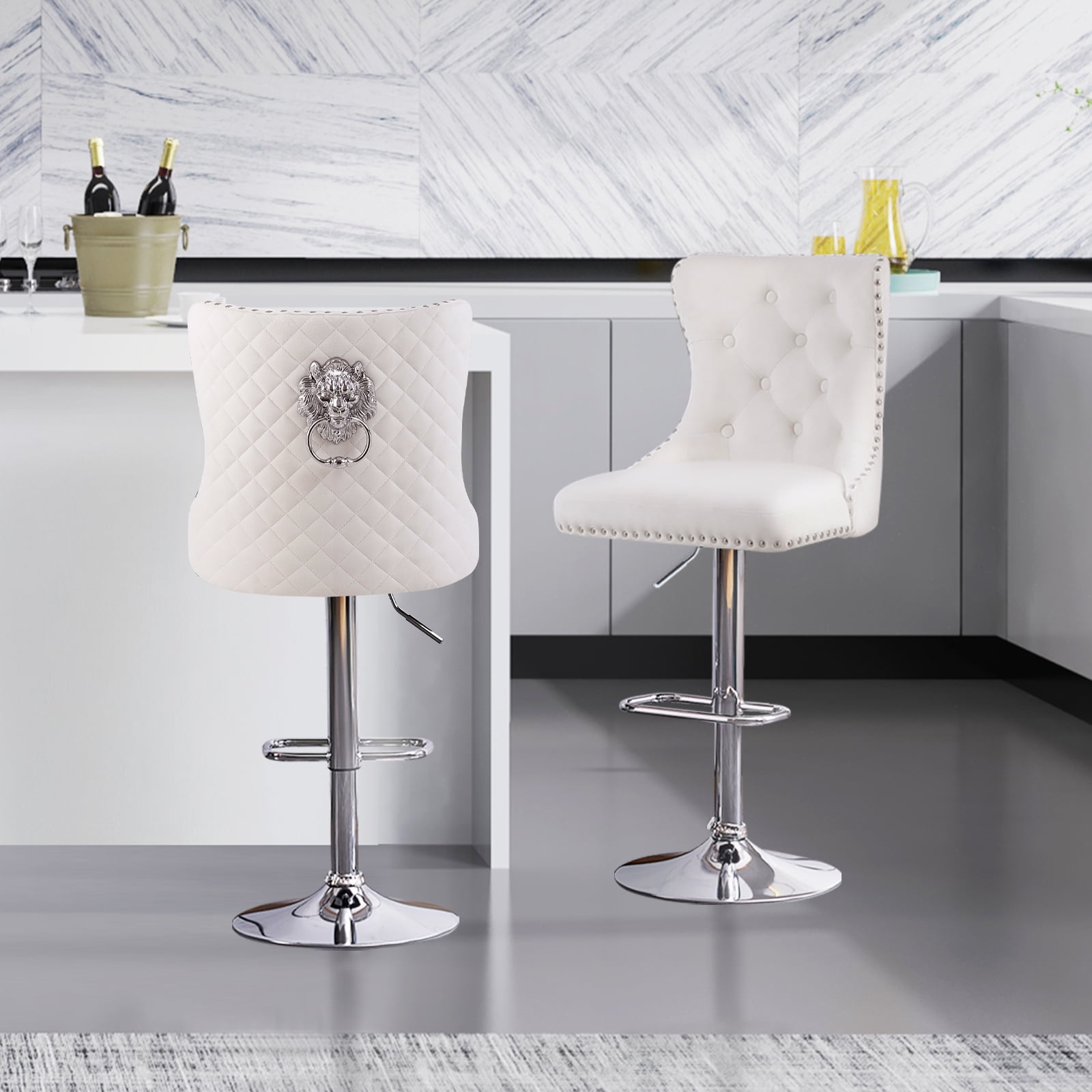 Velvet Bar Stools Set of 2 Modern Counter Height Bar Stools with Lion ...