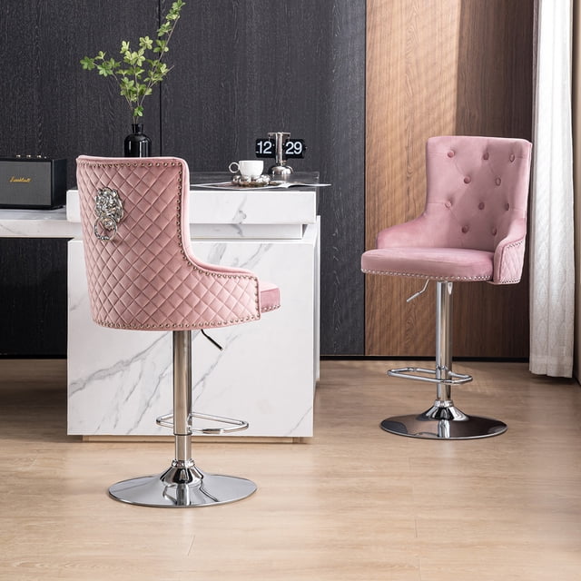 Velvet Bar Stools Set of 2 Modern Counter Height Bar Stools with Lion Pull Ring Tufted Back