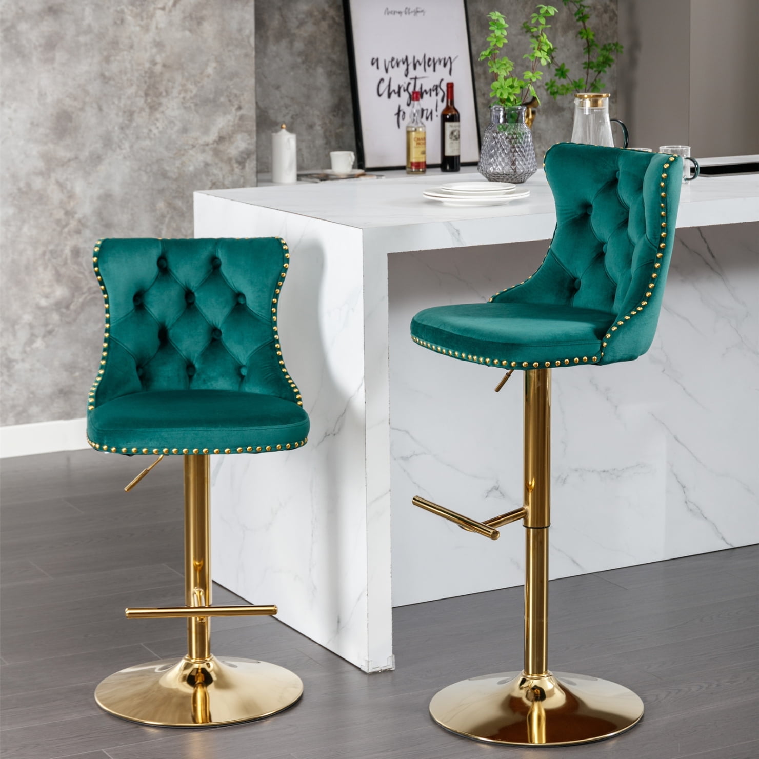 Velvet Bar Stools Set of 2 Modern Upholstered Swivel Barstools with Nailhead Trims and Footrest Adjustable Counter Height Bar Chairs with Tufted Backrest for Kitchen Island Dining Room Green Gold Walm...