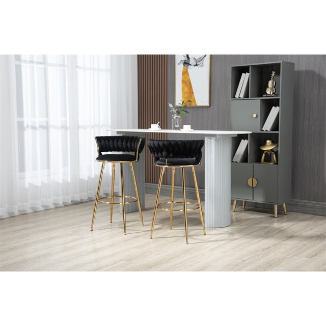 Velvet Bar Stools Set of 2, Modern Woven Bar Stool with Back and Gold