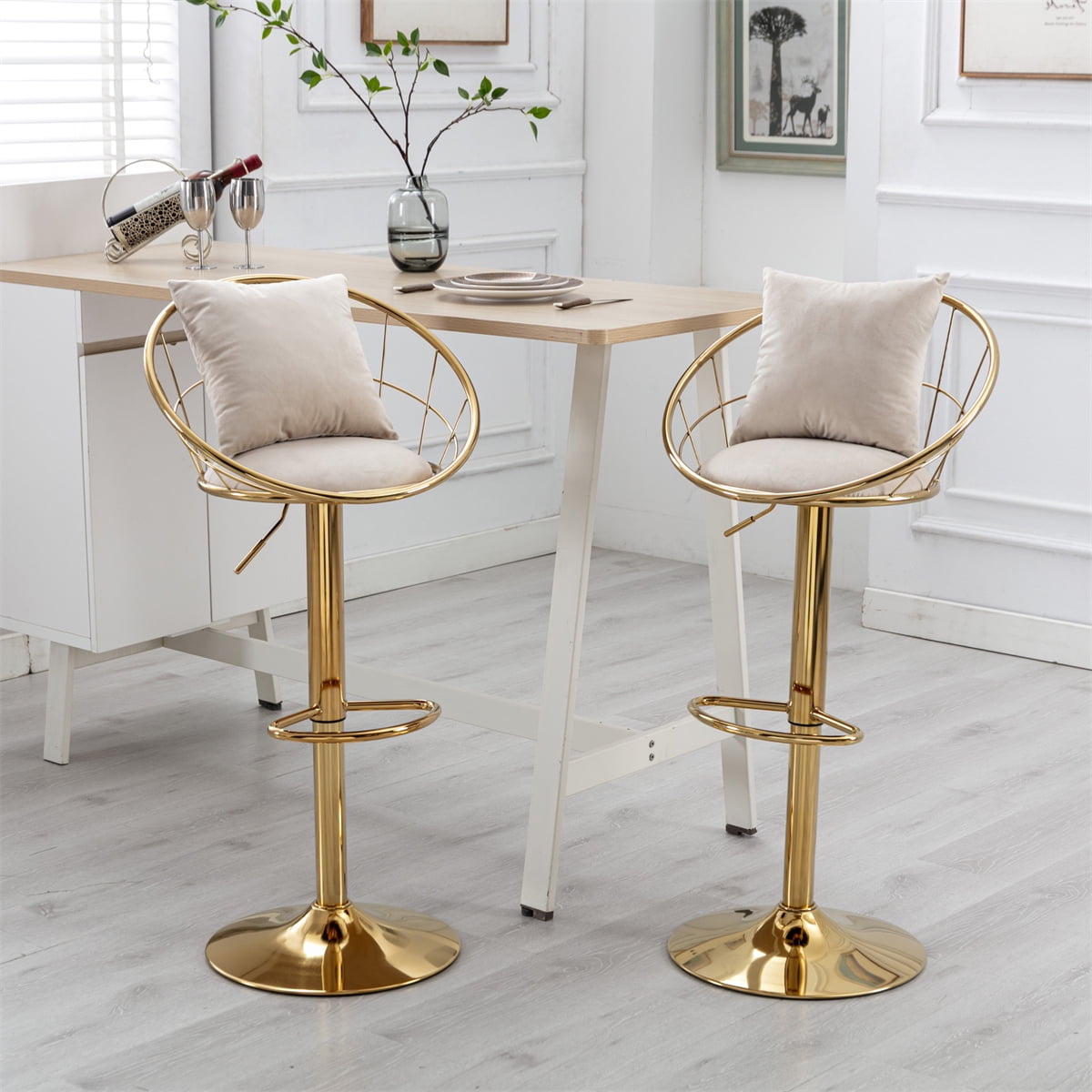 Velvet Bar Stools Set of 2, Swivel Bar Chairs with Gold Base, Height
