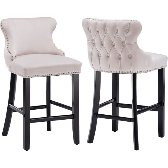 ODUSE-DAILY Tufted Velvet Bar Stool, Beige (Set of 2)