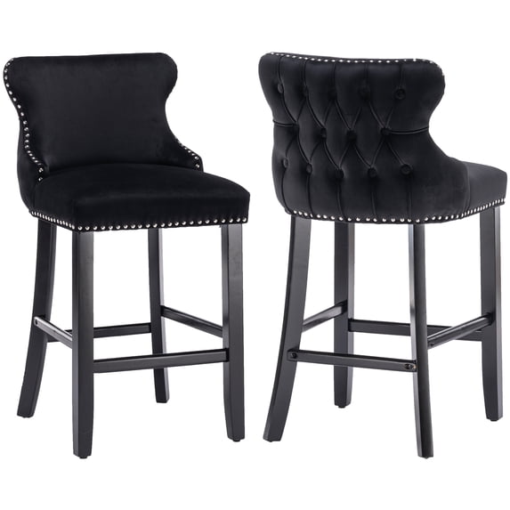 Velvet Bar Stools Set of 2 - Tufted Bar Chairs for Counter and Bar Height, 27" in Barstool Set, Kitchen Stools for Island, Wood Frame, Upholstered (Black, Set of 2)
