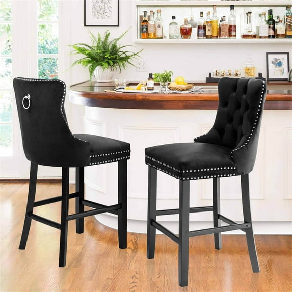 Velvet Bar Stools Set of 2, Upholstered Counter Height Bar Chair with Rivet and Button Trim, Bar Stool with Back and Footrest, for Dining Room, Kitchen, Pub, Black