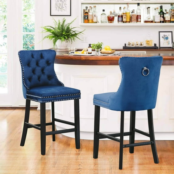Velvet Bar Stools Set of 2, Upholstered Counter Height Bar Chair with Rivet and Button Trim, Bar Stool with Back and Footrest, for Dining Room, Kitchen, Pub, Blue