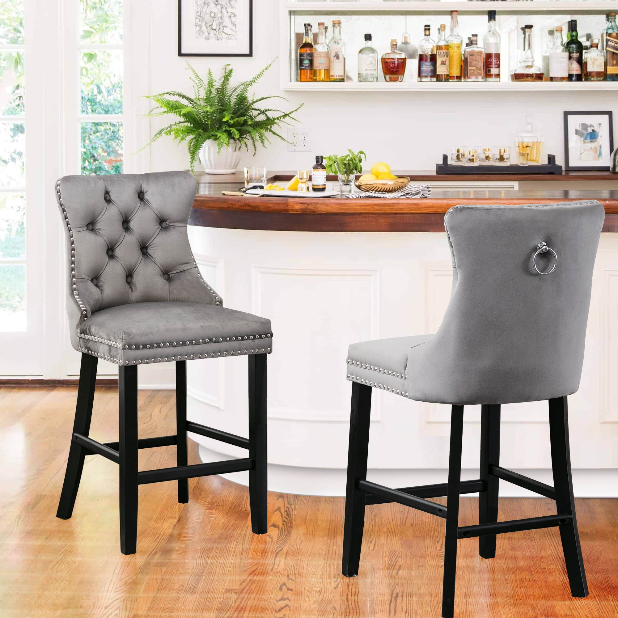 Velvet Bar Stools Set of 2, Modern Tufted Upholstered Counter