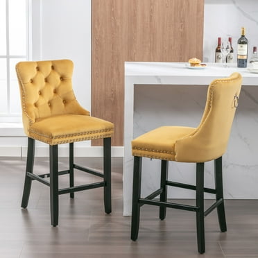 Velvet Bar Stools Set of 2, Upholstered Counter Height Barstools, Full Back Bar Chairs with Nailheads Trim and Solid Wood Legs, for Home Bar Dining Room Kitchen, Gold
