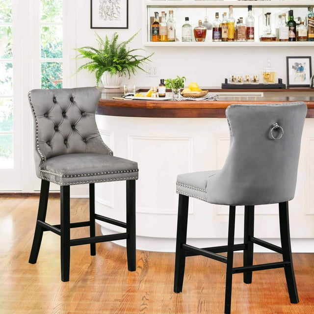 Velvet Bar Stools Set of 2, Upholstered Counter Height Bar Chair with