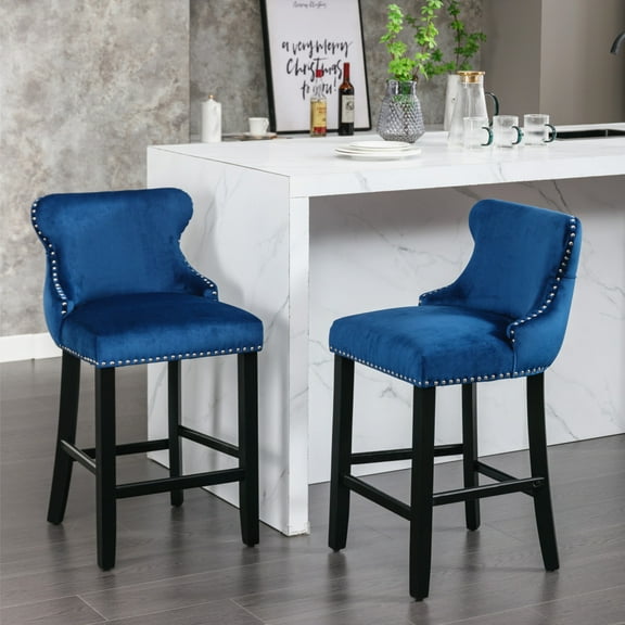 Velvet Bar Stools Set of 2, Upholstered Wing-Back Barstools with Button Tufted Decoration, Wooden Legs and Chrome Nailhead Trim, Counter Height Bar Chairs, for Home Kitchen Island, Blue