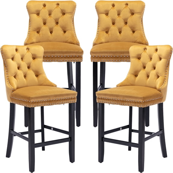 Velvet Bar Stools Set of 4 - 27" Seat Height Barstool, Bar Chairs Fit Counter or Bar Height, Gold Kitchen Stools for Island, Tufted Back, Wood Frame, Upholstered (Golden Yellow, Set of 4)