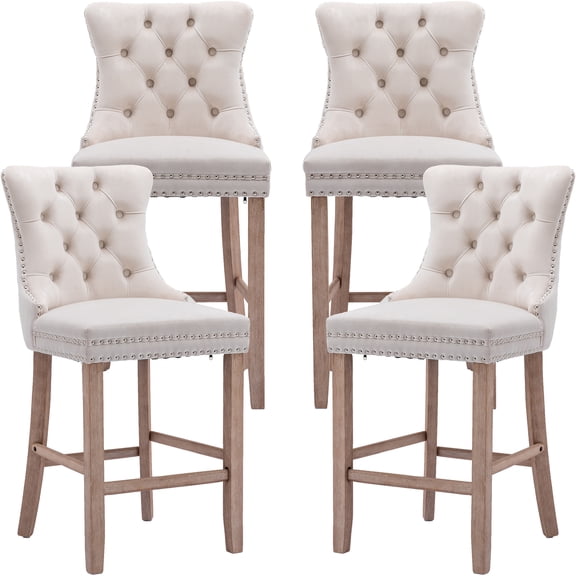 ODUSE-DAILY Velvet Bar Stool with Tufted Back, Wood Frame, Beige (Set of 4)