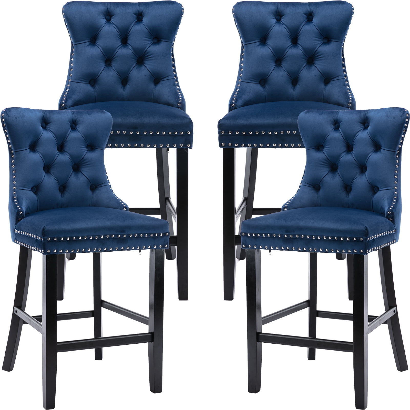 27" Blue Velvet Bar Stools with Tufted Back and Wood Frame, Set of 4