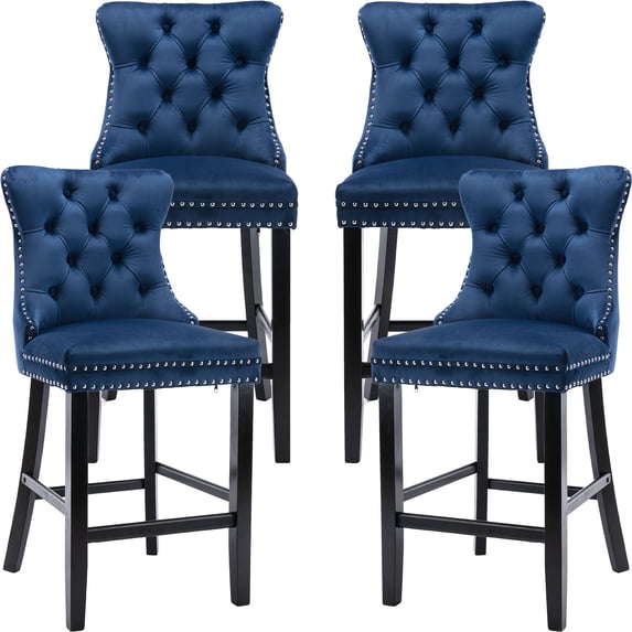 ODUSE-DAILY 27" Velvet Bar Stools with Tufted Back and Wood Frame, Upholstered, Blue (Set of 4)