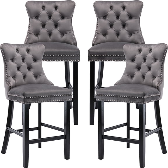 Velvet Bar Stools Set of 4 - 27" Seat Height Barstool, Bar Chairs Fit Counter or Bar Height, Kitchen Stools for Island, Tufted Back, Wood Frame, Upholstered (Gray, Set of 4)