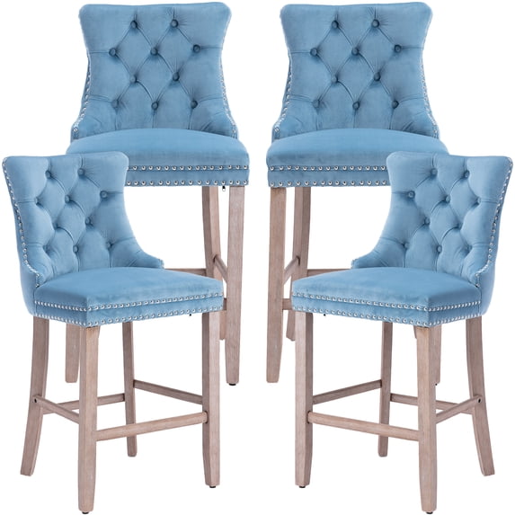 Velvet Bar Stools Set of 4 - 27" Seat Height Barstool, Bar Chairs Fit Counter or Bar Height, Kitchen Stools for Island, Tufted Back, Wood Frame, Upholstered (Light Blue, Set of 4)