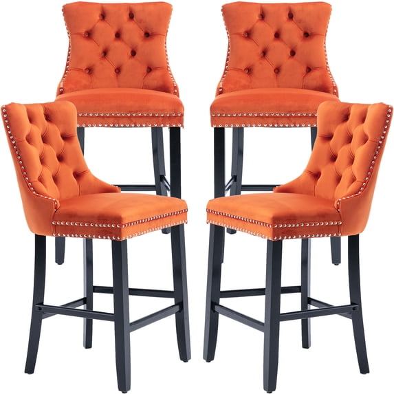 Velvet Bar Stools Set of 4 - 27" Seat Height Barstool, Bar Chairs Fit Counter or Bar Height, Kitchen Stools for Island, Tufted Back, Wood Frame, Upholstered (Orange, Set of 4)