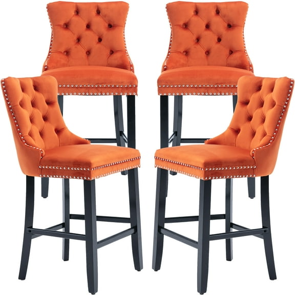Velvet Bar Stools Set of 4 - 27" Seat Height Barstool, Bar Chairs Fit Counter or Bar Height, Kitchen Stools for Island, Tufted Back, Wood Frame, Upholstered (Orange, Set of 4)