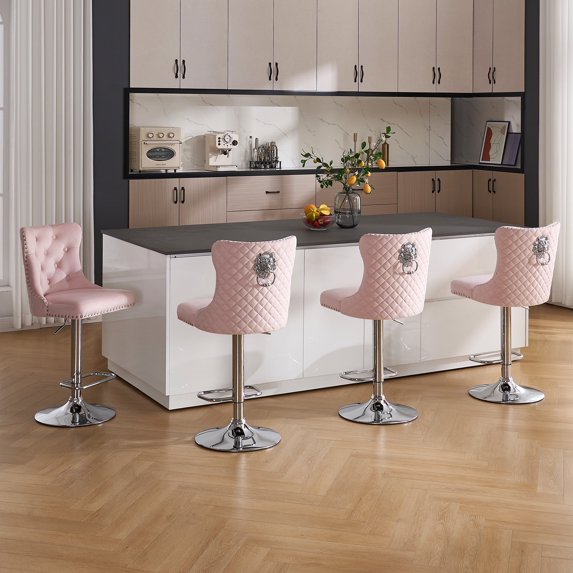 Velvet Bar Stools Set of 4 Modern Counter Height Bar Stools with Lion Pull Ring Tufted Back, Nailhead Upholstered Barstools for Home Kitchen Island, Swivel Adjustable Stool Chair in Pink