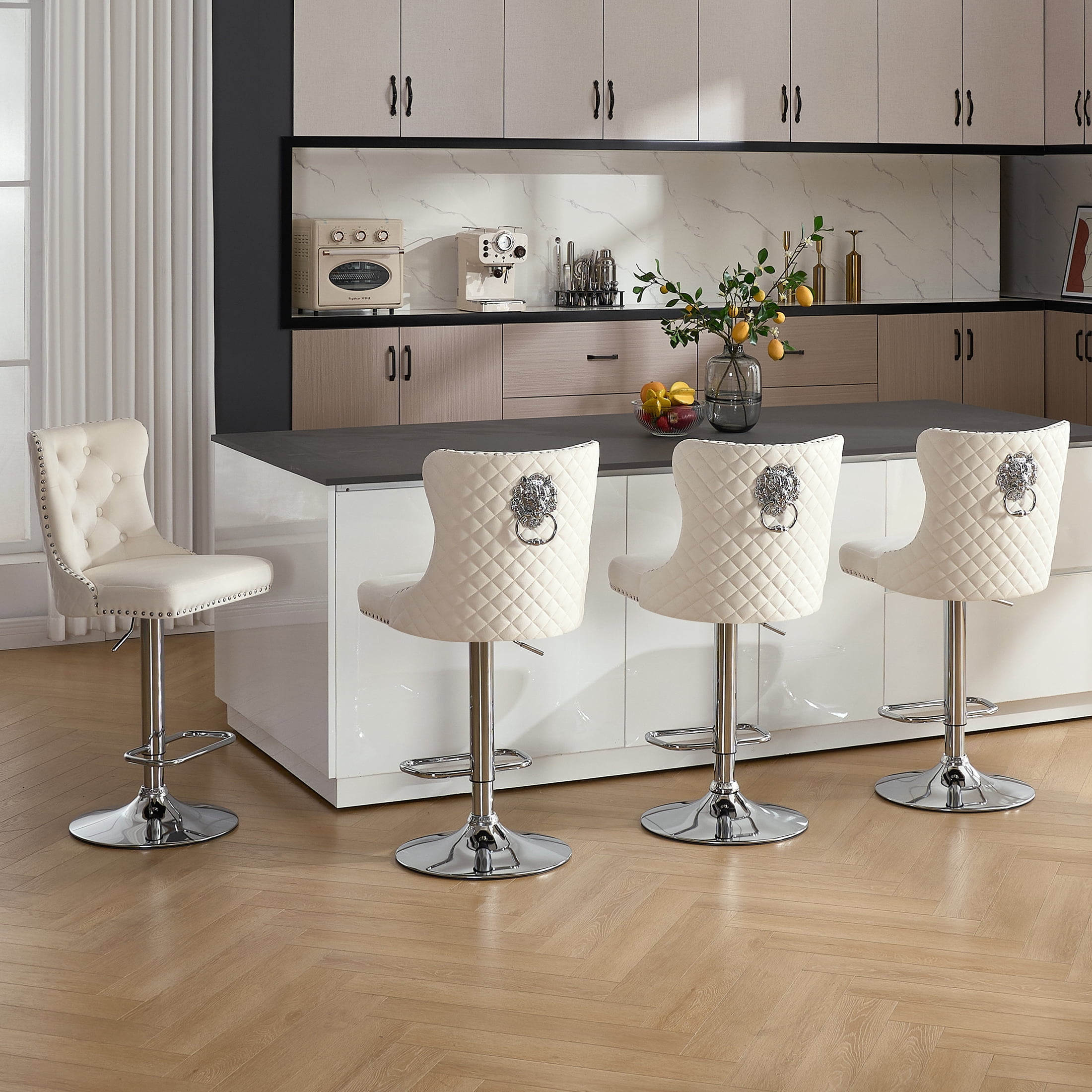Velvet Bar Stools Set of 4 Modern Counter Height Bar Stools with Lion Pull Ring Tufted Back, Nailhead Upholstered Barstools for Home Kitchen Island, Swivel Adjustable Stool Chair in Cream