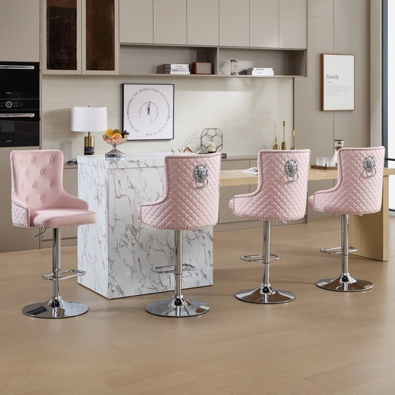 Velvet Bar Stools Set of 4 Modern Counter Height Bar Stools with Lion Pull Ring Tufted Back, Nailhead Upholstered Barstools for Home Kitchen Island, Swivel Adjustable Stool Chair in Pink