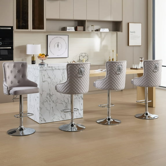 Velvet Bar Stools Set of 4 Modern Counter Height Bar Stools with Lion Pull Ring Tufted High Back, Nailhead Upholstered Barstools for Home Kitchen Island, Swivel Adjustable Stool Chair in Grey