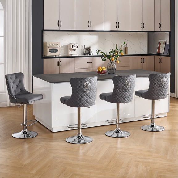 Velvet Bar Stools Set of 4 Modern Counter Height Bar Stools with Lion Pull Ring Tufted High Back, Nailhead Upholstered Barstools for Home Kitchen, Swivel Adjustable Stool Chair in Dark Grey