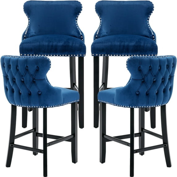 Velvet Bar Stools Set of 4 - Tufted Bar Chairs for Counter and Bar Height, 27" in Barstool Set, Kitchen Stools for Island, Wood Frame, Upholstered (Blue, Set of 4)