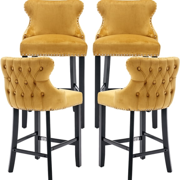 Velvet Bar Stools Set of 4 - Tufted Bar Chairs for Counter and Bar Height, 27" in Barstool Set, Kitchen Stools for Island, Wood Frame, Upholstered (Gold, Set of 4)