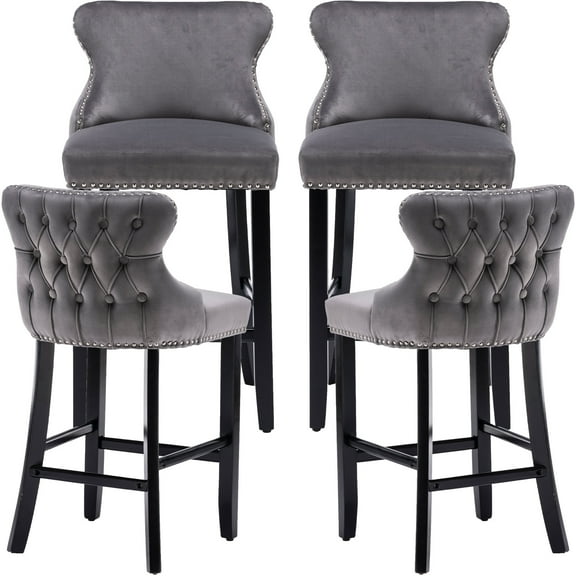 Velvet Bar Stools Set of 4 - Tufted Bar Chairs for Counter and Bar Height, 27" in Barstool Set, Kitchen Stools for Island, Wood Frame, Upholstered (Gray, Set of 4)