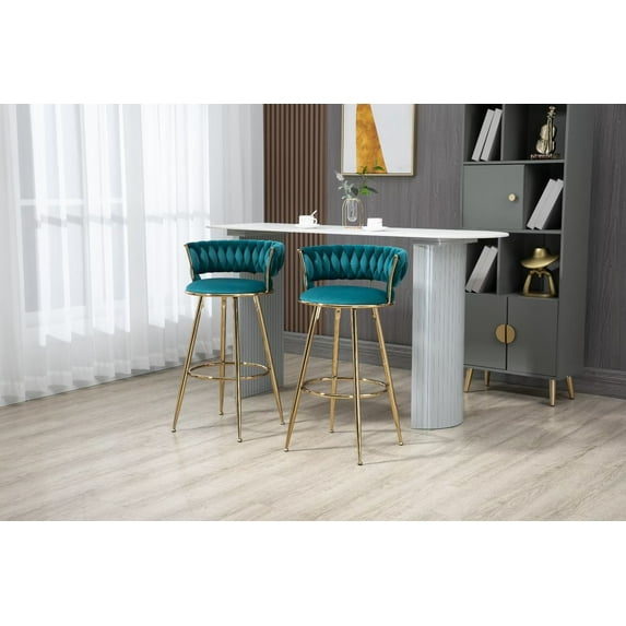 Velvet Bar Stools Set of 2,Counter Height Bar Chairs with Back and Footrest,Upholstered Bar Chair Vanity Chair for Kitchen Counter Bistro Pub,Teal