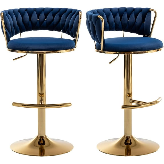 Velvet Bar Stools Set of 2, Counter Height Bar Chairs with Low Back, Gold Swivel Bar Stool for Kitchen Island, Bar Pub (Blue)