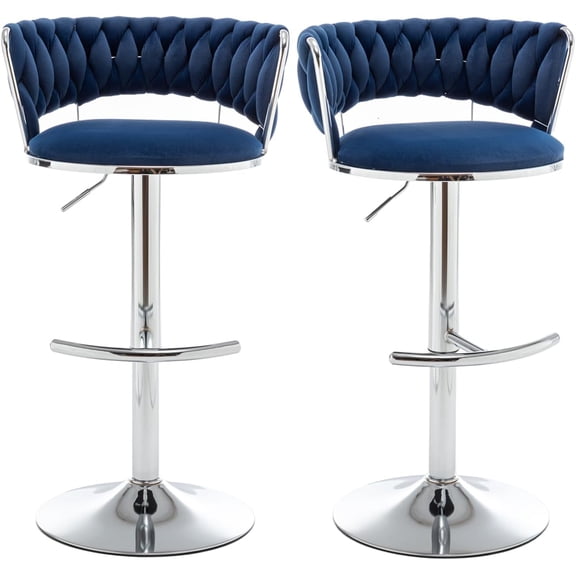 Velvet Bar Stools Set of 2, Counter Height Barstools with Low Back, Swivel Bar Stool for Kitchen Island, Pub (Blue)