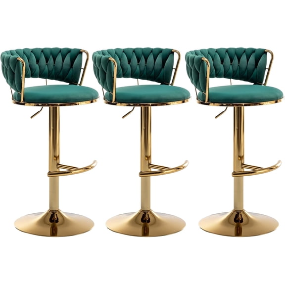Velvet Bar Stools Set of 3, Counter Height Barstools with Low Back, Gold Swivel Bar Stool for Kitchen Island, Pub (Green)