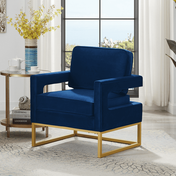 Velvet Barrel Accent Arm Chair, Upholstered Leisure Accent Arm Chair with Armrest and Gold Metal Base, Modern Comfy Club Side Couch Sofa Chair for Living Reading Guest Room Bedroom Office,Navy