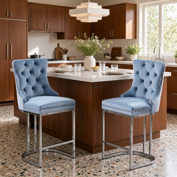 Velvet Barstools Set of 2, Modern Counter Height Stools with Button Back & Rivet Trim, Chromed Metal Base, Upholstered Kitchen Island Chairs with Wingback Design, Light Blue