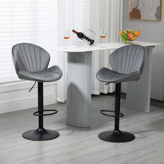 Velvet Barstools Set of 2, Swivel Adjustable Counter Height Bar Chair with Back and Footrest, Modern Upholstered Bar Stool for Kitchen Pub and Dining Room, Gray