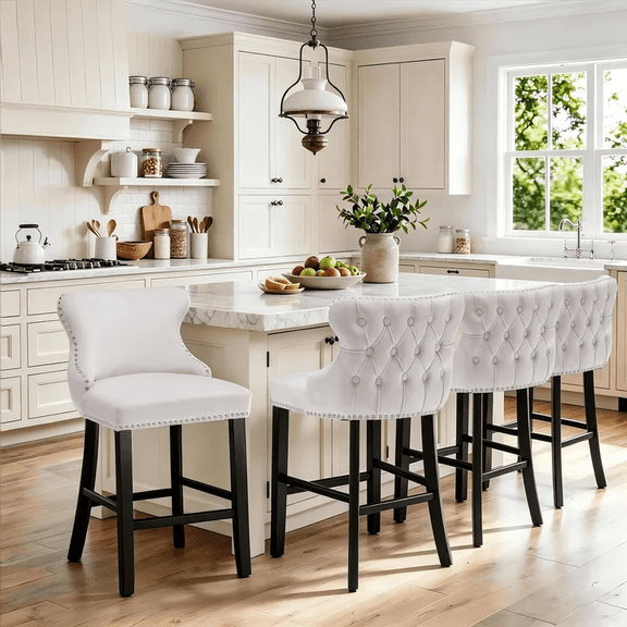 Bar Stool Set of 4, 26" Counter Height Bar Stools with Back, LEGAHOME Velvet Upholstered Beige Bar Stool with Button Tufted & Wooden Legs, Bar Stools Chair for 35-39" Kitchen Island Counter