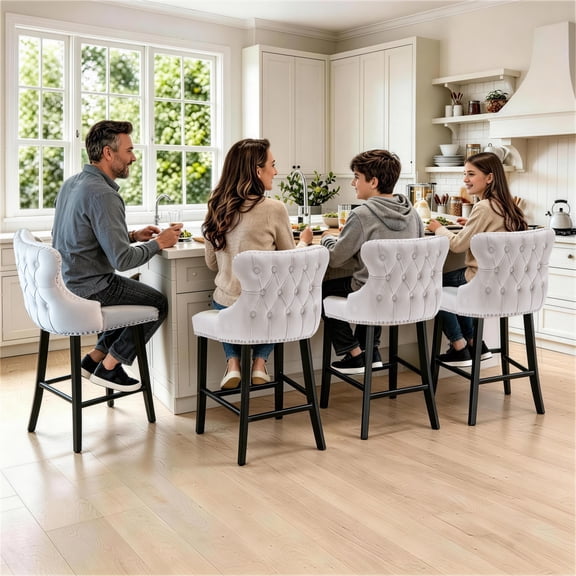 Bar Stool Set of 4, 26" Counter Height Bar Stools with Back, LEGAHOME Velvet Upholstered Beige Bar Stool with Button Tufted & Wooden Legs, Bar Stools Chair for 35-39" Kitchen Island Counter