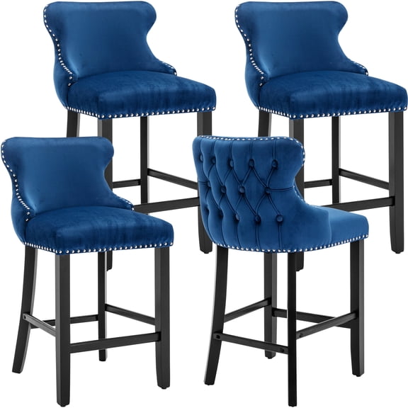 Bar Stool Set of 4, Legahome 26" Counter Height Bar Stools with Back, Velvet Upholstered Bar Stool with Button Tufted & Wooden Legs, Bar Stools Chair for 35-39" Kitchen Island Counter, Blue